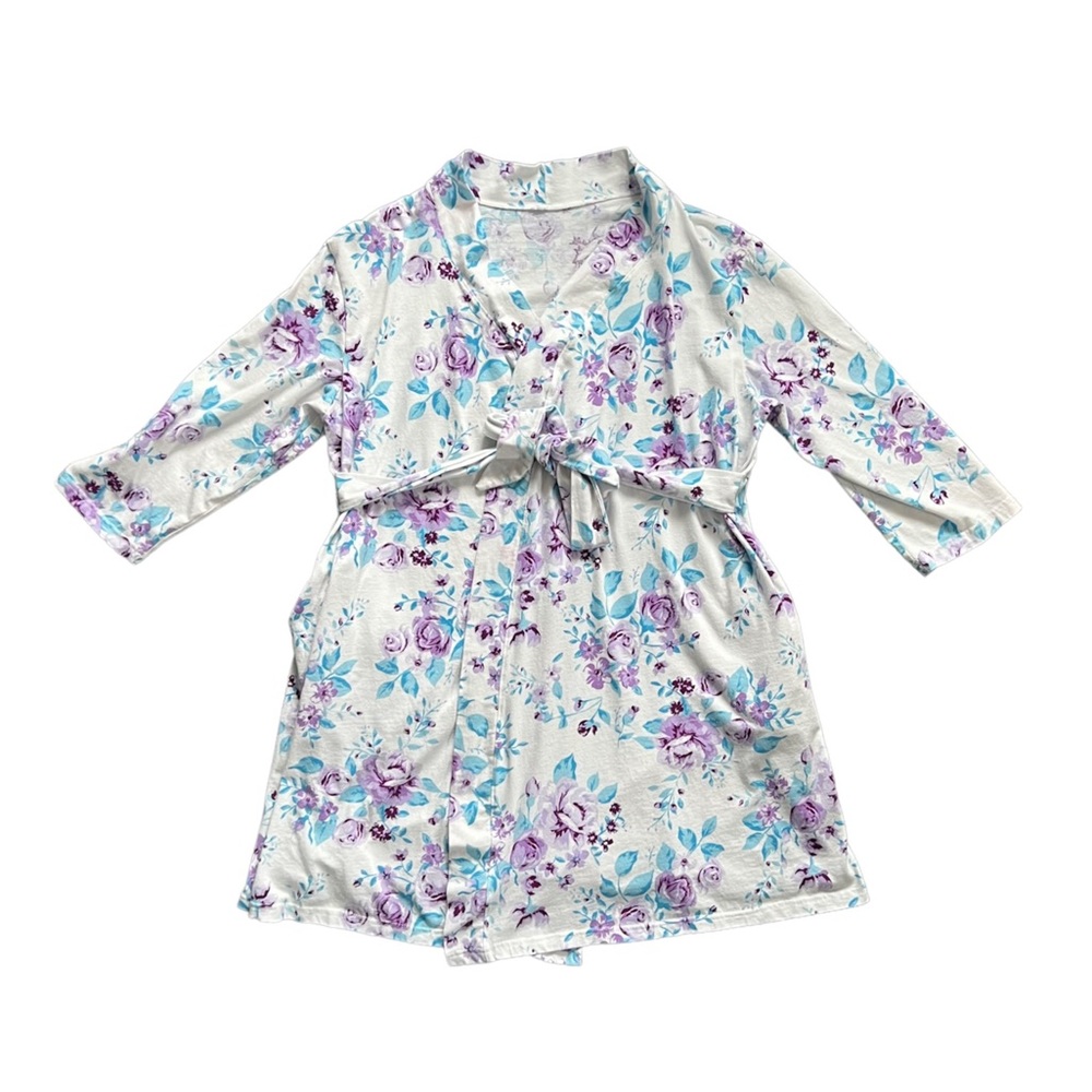 Unbranded Floral Cotton 3/4 Sleeve Tie Waist Robe Relaxed Fit Cozy Sleep Wrap OS